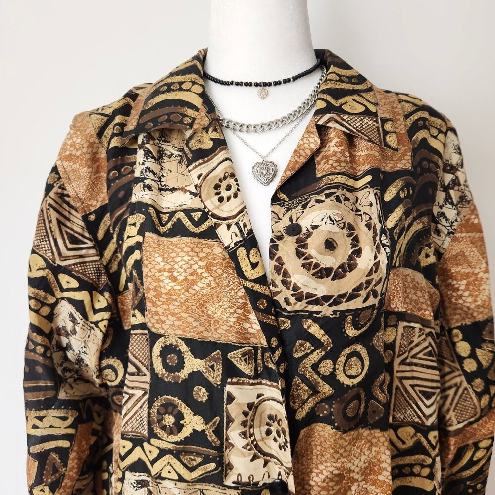 Vintage Gold Silk Blouse Medium Tribal Print Funky Multi Silk Ncounters 80s 90s - Picture 2 of 14